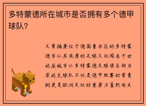 多特蒙德所在城市是否拥有多个德甲球队？