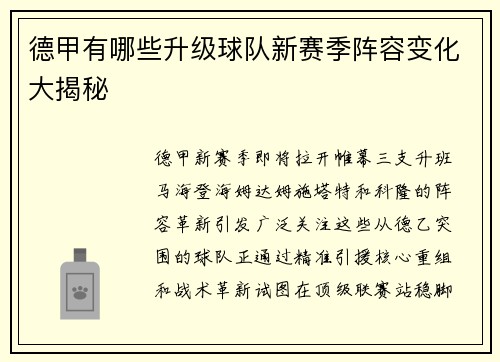 德甲有哪些升级球队新赛季阵容变化大揭秘