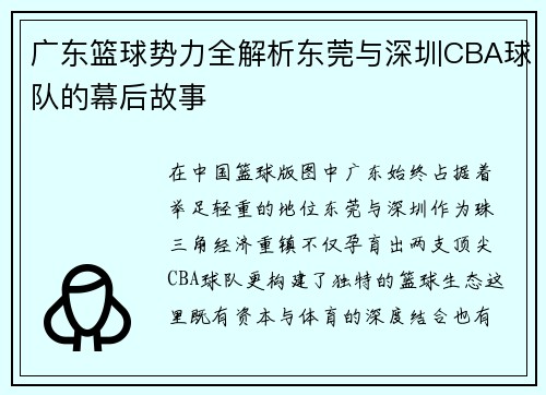 广东篮球势力全解析东莞与深圳CBA球队的幕后故事